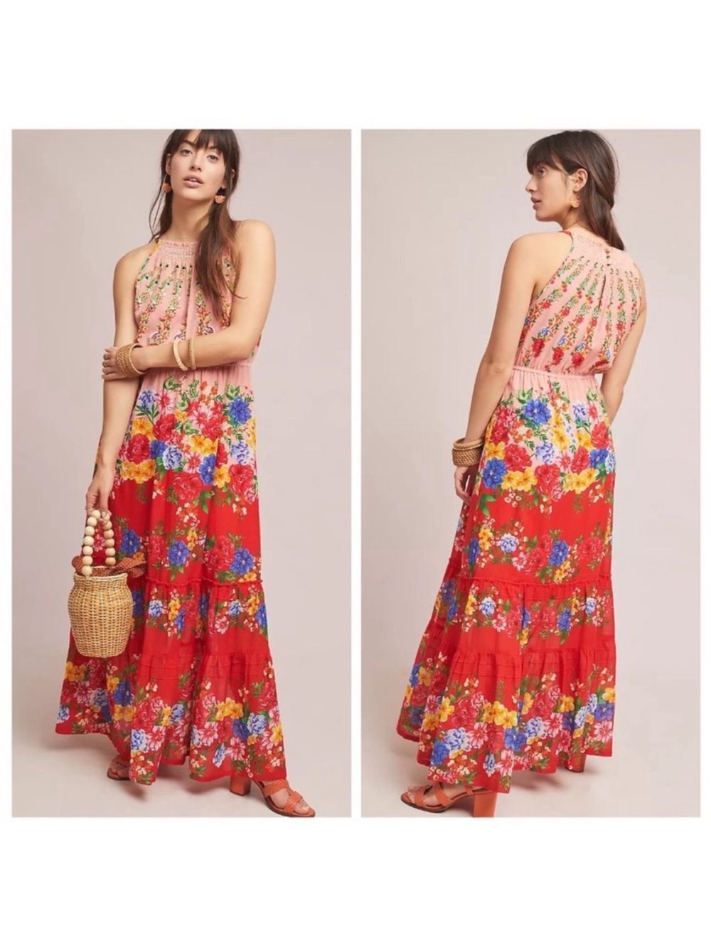 Anthropologie Vineet Bahl Atacama Beaded Floral Tiered Maxi Dress boho size 4